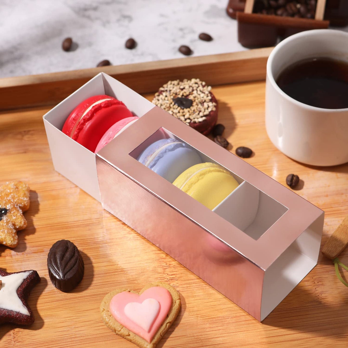 Wholesale 3 Colors 4.8x1.8x1.8 Inches Macaron Gift Boxes for 4/5 Macarons with Clear Window (without Macaron inside)-Pack of 660/3300