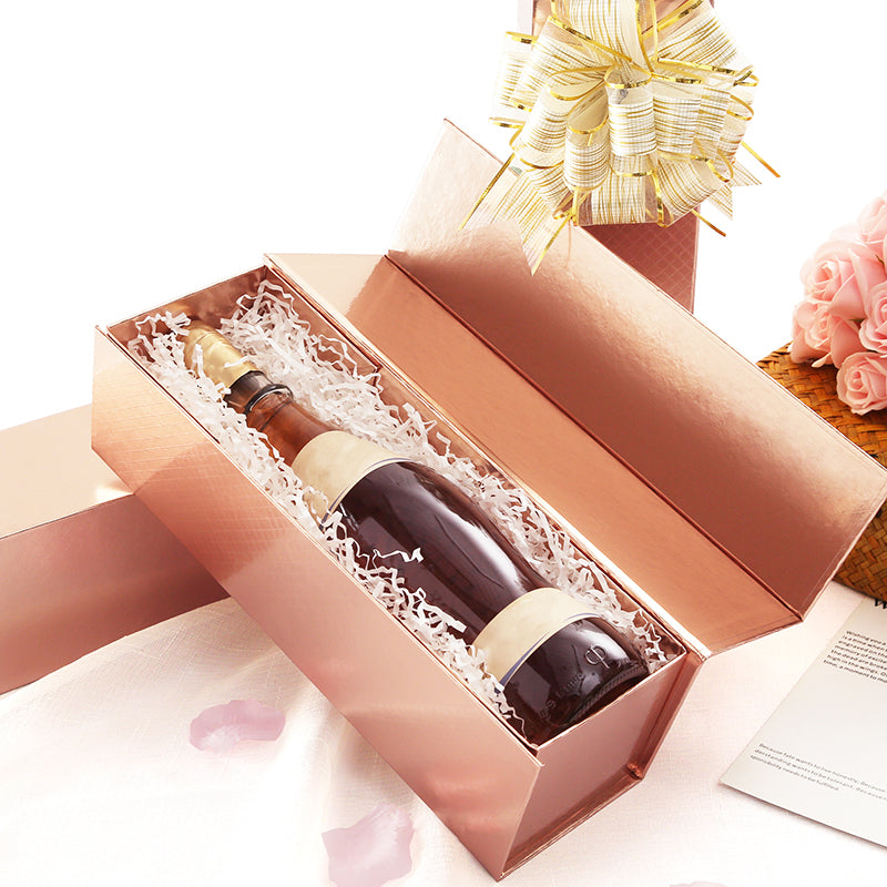 PKGSMART 13.5x4.5x4 Inches Glossy Rose Gold Lattice Texture Wine Bottle Gift Boxes - Pack of 6/30/300 boxes