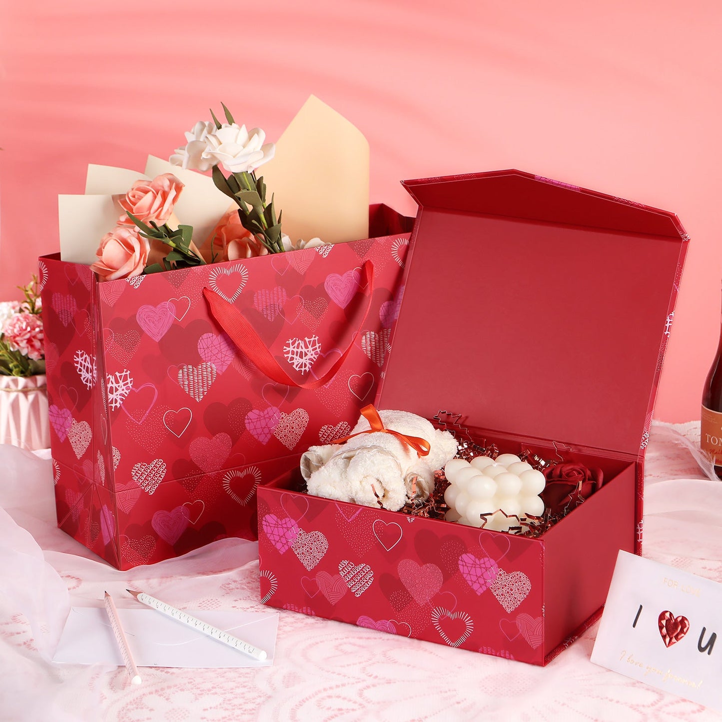 PKGSMART Valentine's Day 9.5x7x4 Inches HEART Gift Box and bag