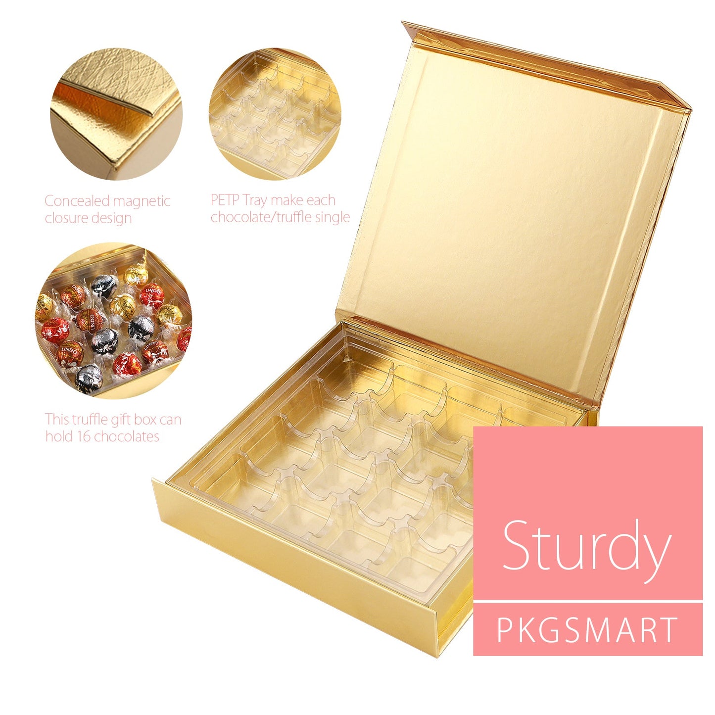 PKGSMART 7.5x7.2x1.5 Inches Chocolates Boxes Truffle Gift Boxes Packaging with 16-Piece PVC Tray-Pack of 1000