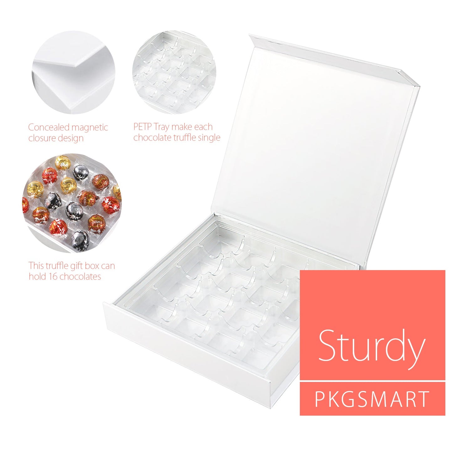 PKGSMART 7.5x7.2x1.5 Inches Chocolates Boxes Truffle Gift Boxes Packaging with 16-Piece PVC Tray-Pack of 1000