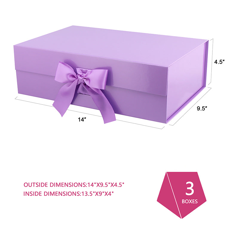 PKGSMART Magnetic Collapsilbe Gift Box with Ribbon (14x9.5x4.5'') - 3 Boxes