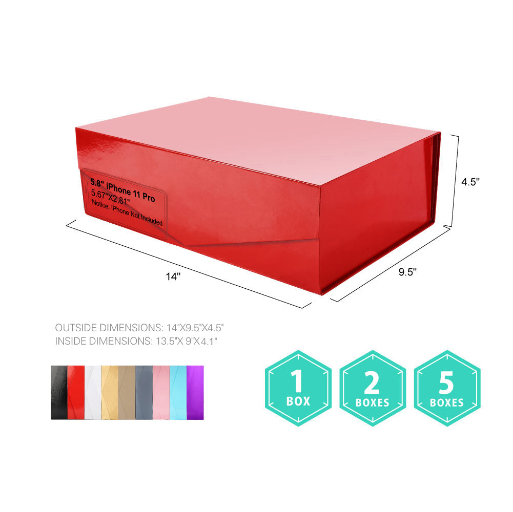 PKGSMART 5 Colors 14x9.5x4.5 Inches Glossy Collapsible Magnetic Gift Boxes-Pack of 25 Boxes